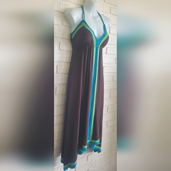 XOXO Halter Handkerchief Midi Dress Summer Green Teal Blue Brown Size Small - Picture 5 of 11